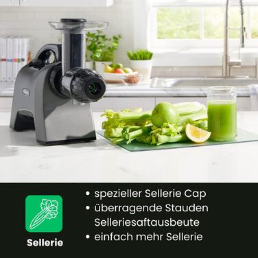 Omega Juicers MM1500 - three-stage screw press with a unique celery cap for maximum juice yield of 1.5 L - Ideal for making fruit and vegetable purees, sorbets, plant-based drinks, and includes a lot of accessories.