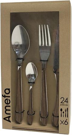 Amefa ECLAT Cutlery Set NATURE dark wood cutlery set 24-piece for 6 people stainless steel rustproof plastic handle bowls in wood look dishwasher safe cutlery set for 6 people