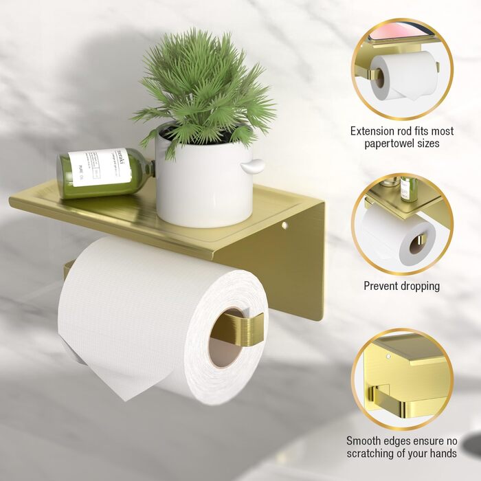 Тримач туалетного паперу HITSLAM без свердління, нержавіюча сталь з полицею, самоклеючий, для ванної кімнати, щіткова мідь