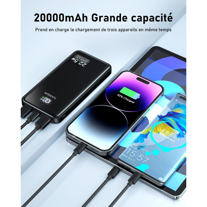 Power Bank 20000 mAh 22.5W з швидкою зарядкою PD3.0 QC4.0: Зовнішній акумулятор для смартфонів, смарт-годинників з LCD-дисплеєм та USB-C