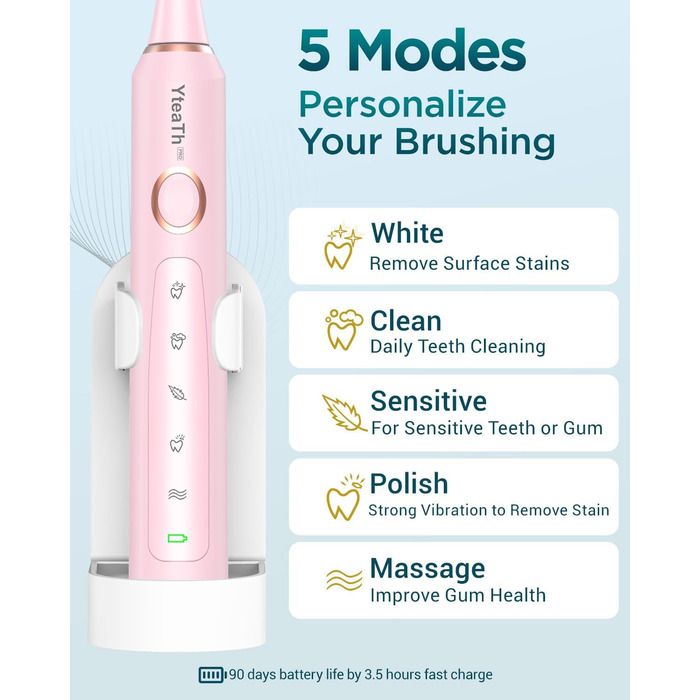 Електрична звукова зубна щітка для дорослих та дітей, 8 насадок, 5 режимів, водонепроникна IPX7, рожева