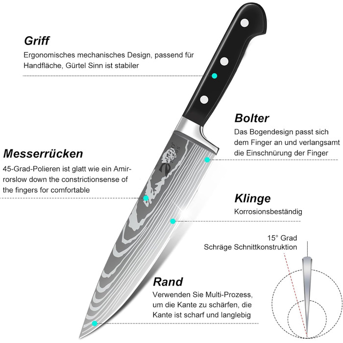 Набір кухонних ножів Dfito, 8 предметів: професійний набір з нержавіючої сталі з високовуглецевої сталі, гострі ножі для кухаря, чорна ручка