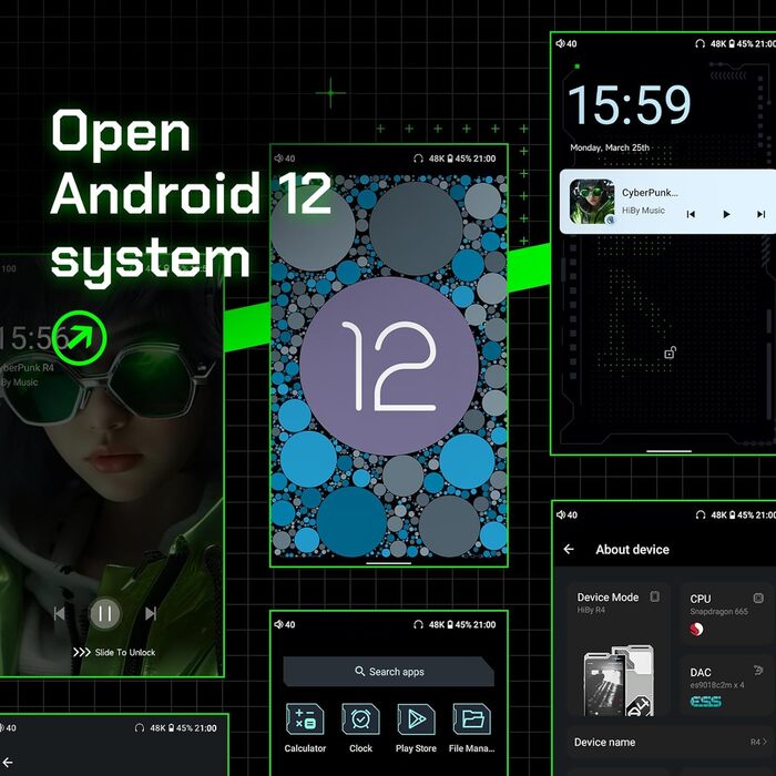 HiBy R4: Android MP3-плеєр з Bluetooth та Wi-Fi, 4DAC, 32GB, підтримка DSD, PCM, MQA, 4.4mm балансний вихід (Чорний)