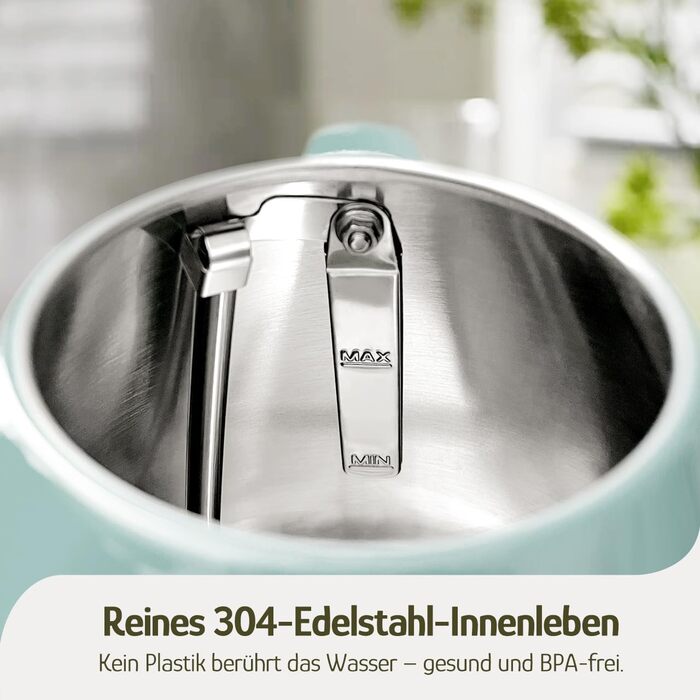 Електричний чайник Hazel Quinn Retro з термометром, з нержавіючої сталі, без пластику, 1.7 л, 2200 Вт, автоматичне відключення, вінтажний дизайн (М'ятно-зелений)