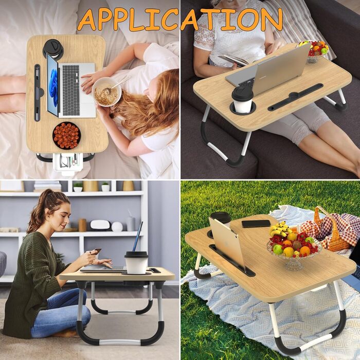 Стіл для ноутбука в ліжко Huracan: регульований, з підстаканником та ящиком (60x40 см, чорний)