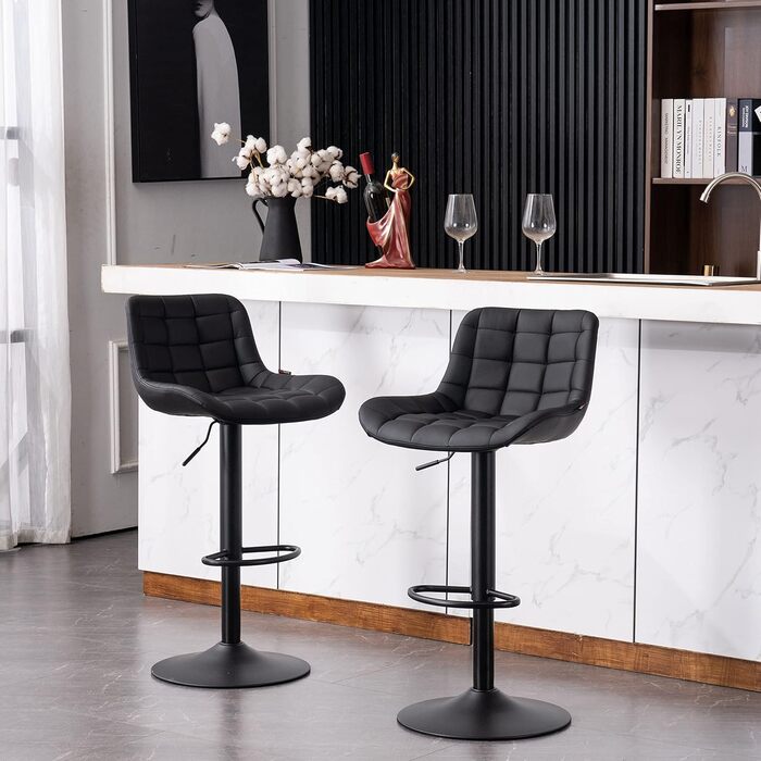 YOUTASTE Adjustable Bar Stools - Modern Design, Padded, Swivel, Faux Leather - Set of 2 (Black)
