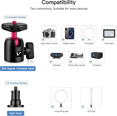 Кріплення для камери Victiv, 37-105 см, стіл, штатив для DSLR Canon, світловий, кріплення-прищіпка з гнучким плечем та 1/4' кульовою головкою для камер, LED-світла, веб-камер, смартфонів (червоний)