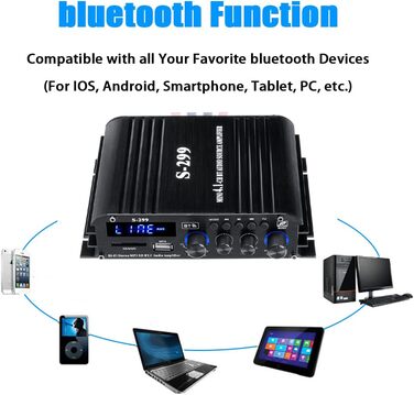 Etlephe 4.1-канальний підсилювач 1600Вт, Bluetooth 5.0, 4×50Вт + активний сабвуфер, Hi-Fi інтегрований підсилювач для домашньої або автомобільної акустики S-299