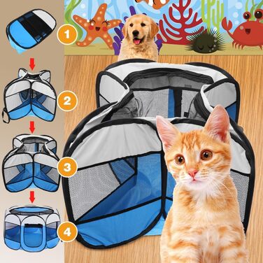 Складаний вольєр для цуценят та тварин, вольєр для собак, 74x74x43 см, вольєр для котів, кроликів та дрібних тварин (блакитний)