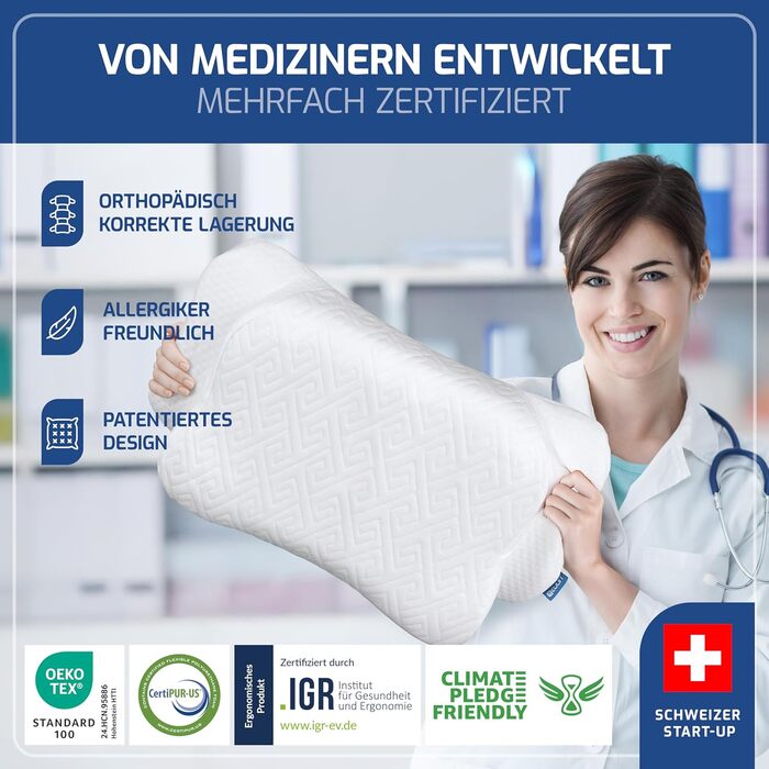 Ортопедична подушка для шиї EULIN® з преміальної піни Memory Foam, ергономічна, сертифікат IGR