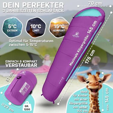 Дитячий спальний мішок для хлопчиків та дівчаток до 145 см | 100% бавовна | Мумійний спальник для кемпінгу | Легкий та теплий [1200г] | Кольори: фіолетовий/бірюзовий