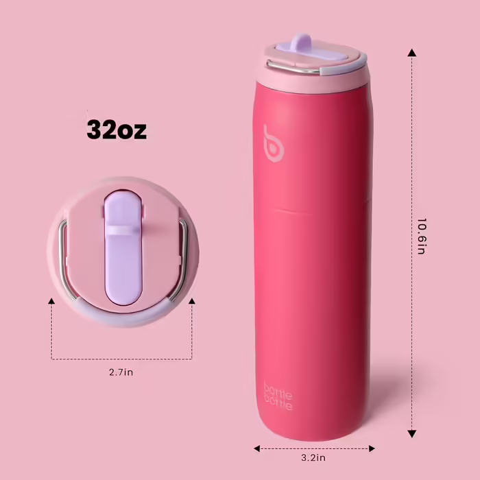 bottlebottle BOTTLE Insulated Stainless Steel Water Bottle 32oz(946ml) with Straw Handle for Sports, Travel, Gym, Double-Walled Leak-Proof, BPA-Free (Pink)