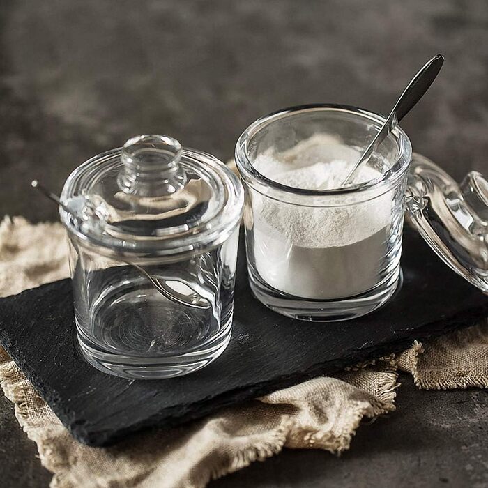 2-piece classic clear glass sugar bowl set with lid, serving spoon, salt shaker, pepper container, spice jar, dispenser, container, sugar bowl, spice racks, holder for home, kitchen