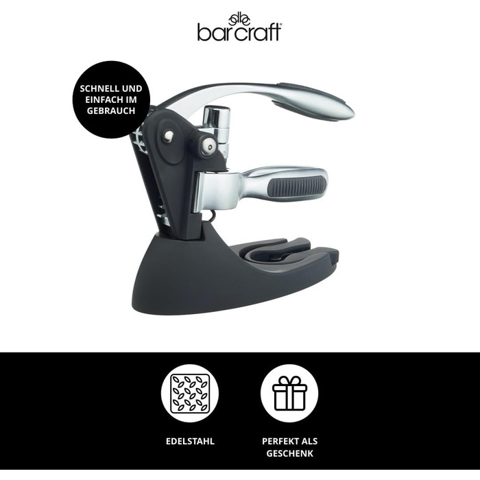 BarCraft Waiter's Corkscrew and Wine Bottle Opener, with Bottle Stopper, Foil Cutter and Replacement Non-Stick Worm, Metal Shimmer, 1 Set with Presentation Box