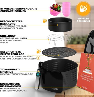 Аерофритюрниця Stillstern 6,5 л з LED-екраном, 10 програм, 1800 Вт, чорна, без олії, таймер, функція розморожування, книга рецептів німецькою