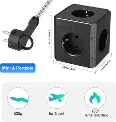 Блок розеток з USB-C, 4 розетки, плоский штекер, індивідуальне вмикання, багатофункціональна розетка-куб з 2м плетеним кабелем для офісу, дому, подорожей - Білий