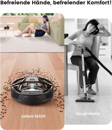 Робот-пилосос LEFANT M320 3-в-1 з функцією миття, 6000Pa, навігація, 800мл, 240хв, Wi-Fi, для шерсті тварин, килими, чорний