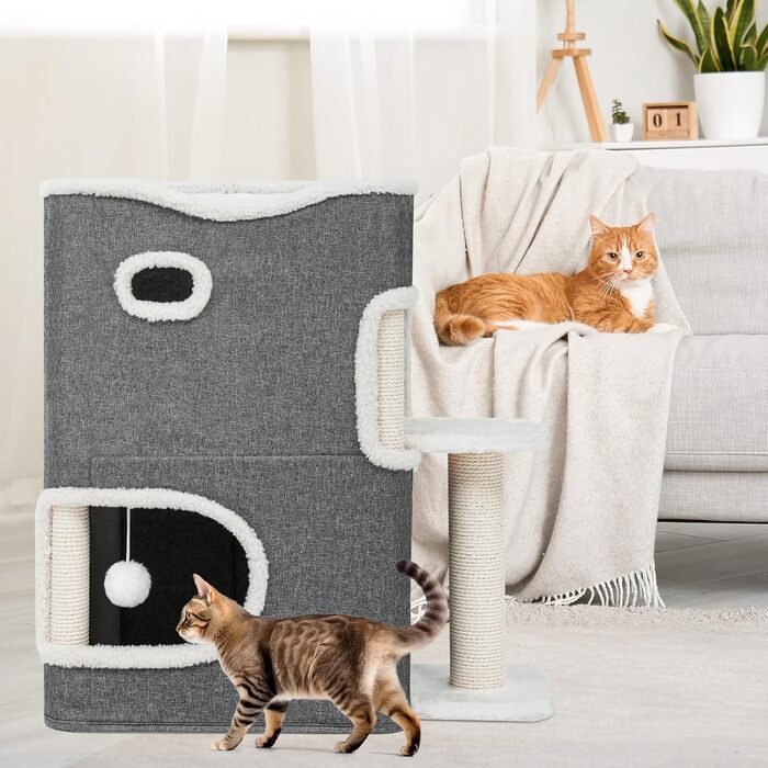 YITAHOME Cat House Indoor, Cat Bed for Indoor Cats, Cat Tunnel, Cat Cave, Small Scratching Post, Cat Furniture, Cat Bed Cave, cat caves, Cat Beds (Gray, With Platform)