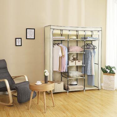 SONGMICS Closet, Clothes Rack, Folding Wardrobe with Clothes Rod, Garment Rack, Storage, Pockets, Shoes, Bedroom, Dressing Room, 45 x 150 x 175 cm, RYG12B (Beige)