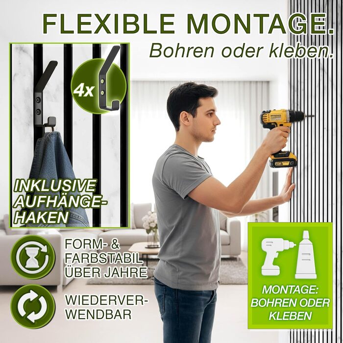 Акустичні настінні панелі TRESKO з дерева 120×60x2,1 см, 2 шт. — 3D ламельна стіна для шумоізоляції, колір Білий/Мармур, з набором для монтажу та 4 вішаками