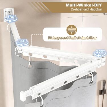 Шторка для душу з розсувною штангою без свердління, 4 секції, обертається, алюмінієвий сплав, 180x200 см, водовідштовхувальна, антигрибкова, для ванни/душової кабіни, білий/сірий (H9 x B37.5 см, 1 шт.)