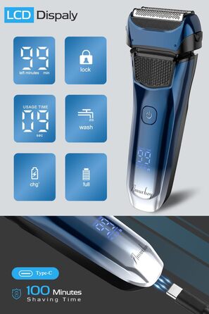 Електрична бритва чоловіча з 3 гнучкими лезами та тримером, синя. Бритва для вологого та сухого гоління, з кейсом для подорожей, акумуляторна, 120 хв роботи. Подарунок для чоловіків
