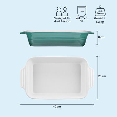 Форма для запікання KHG велика 40 см, блакитна, на 4-6 осіб, об'єм 3 літри, кераміка, прямокутна, стійка до подряпин, для лазаньї, тірамісу та інших запіканок, 1 шт.