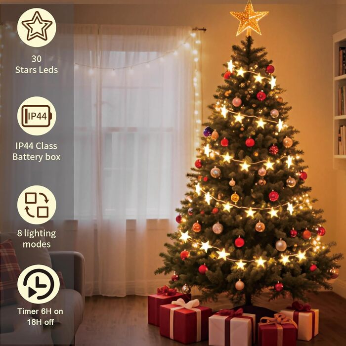 LED гірлянда зірочки на батарейках, 30 шт., 4,5 м, тепле біле світло - для вечірок, саду, Нового року, Хелловіну, весілля та декору