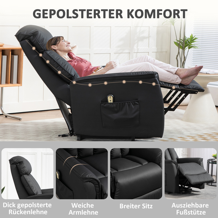 HOMCOM Electric Recliner TV Chair with Lift Assistance, Reclining Function, Massage Chair with Footrest, Side Pocket, Remote Control, for Living Room, up to 150 kg, Faux Leather, Black | Aosom