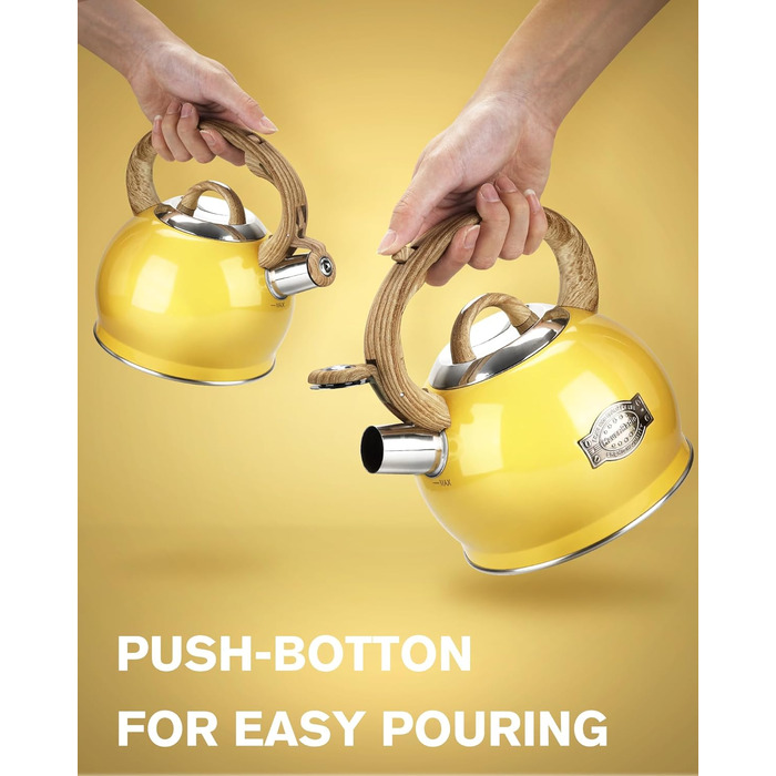 Чайник Teekessel 2.1 л з плитою, чайник з нержавіючої сталі з дерев'ястим малюнком, складаний ручка, підходить для всіх типів плит (Слонова кістка) (Жовтий)