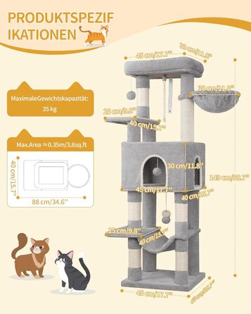 Двоповерховий комплекс для котів з 5 стовпчиками для шліфування, платформами, будиночком, помпонами, сірий (149см)