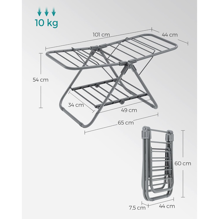 SONGMICS Сушарка для білизни складна, металева, 2-х крила, 44 x 101 x 54 см, білий (Taubengrau)