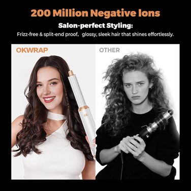 OKWRAP Hairstyler 5 в 1: Набір для укладки волосся, фен з іонами, автоматична плойка, термощітка, випрямляч. Ідеально для випрямлення, сушіння, створення об'єму та локонів. Білий, золотий.