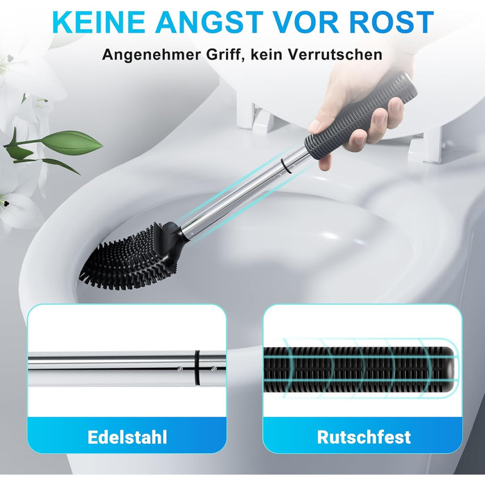 Набір щіток для унітазу Fowooyeen: 2 шт., чорний, без свердління, з тримачем, силікон, плоска головка у формі серця