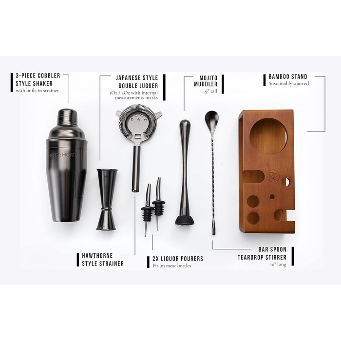 Набір для приготування коктейлів Mint&Mortar 7 шт. з бамбуковим підставкою, нержавіюча сталь, барменський набір з інструментами для дому та професійного використання, 680 мл, Mixer (Gunmetal Black)