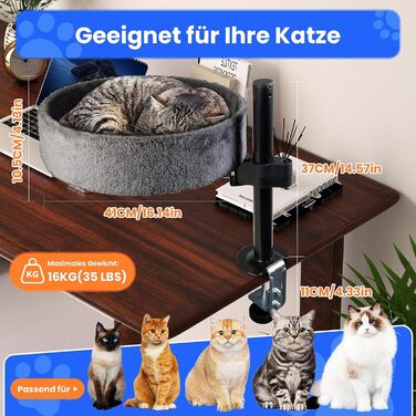 BSWAY Крісло-гніздо для кота на стіл - Покращений 360° оберт, регульована висота, без свердління. Підвищене котяче ліжко над столом. Тримає кошеня/кота близько, робочий простір чистий. Крісло-ліжко для кота на стіл, темно-сірий колір, XL розмір