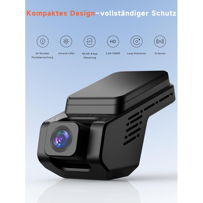 Відеореєстратор Veement Dashcam Auto: 2.5K+1080p, міні камера, нічне бачення, G-сенсор, паркувальний режим, 32GB карта, чорний