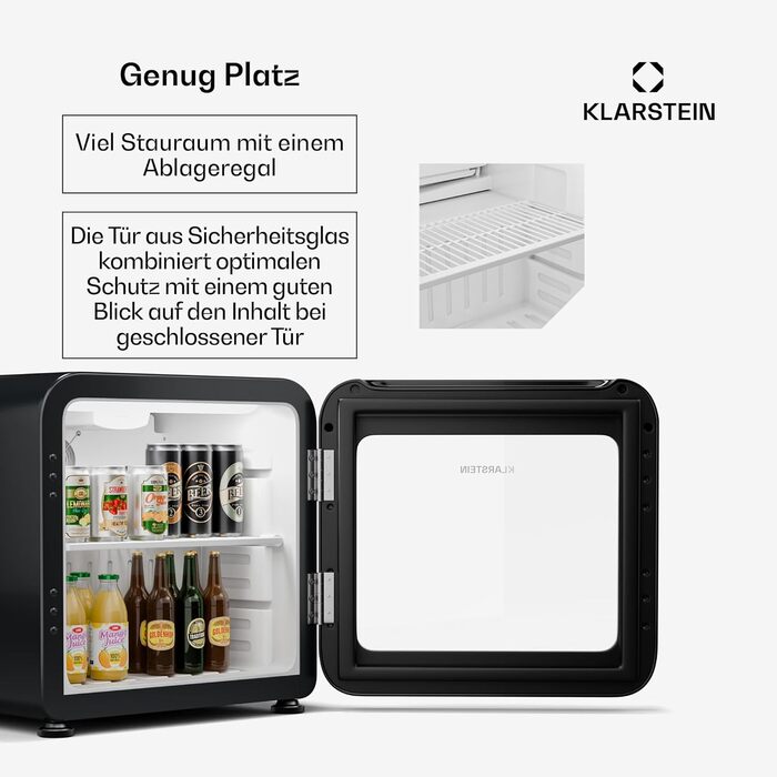 Klarstein Audrey Evo: Холодильник для напоїв 68L, Ретро-дизайн, LED-підсвічування, подвійне скління, 0-10°C, Клас енергоефективності C, регульовані ніжки, чорний
