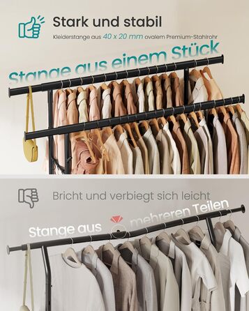 SONGMICS Стійка для одягу на коліщатках, важка, з 2 висувними штангами, регульована висота, з полицею та гачками, чорний HSR015B01