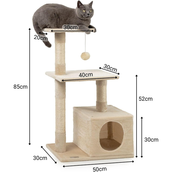 Lionto Scratching Post for Cats with Cave and Plush Ball incl. Bell, Height 85 cm, Cat Tree with Sisal & Plush, Cozy Resting Areas & Cave, Suitable for Small & Large Cats, Beige