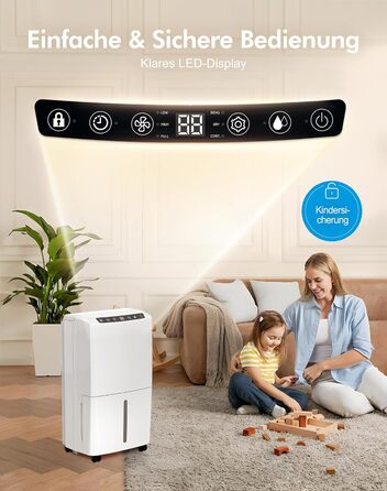 Електричний осушувач повітря 12л, тихий осушувач для дому з функцією сушіння білизни, Smart-режим, автоматичне регулювання вологості, 1м шланг, 24H таймер, для квартири до 120 м², гарантія 10 років