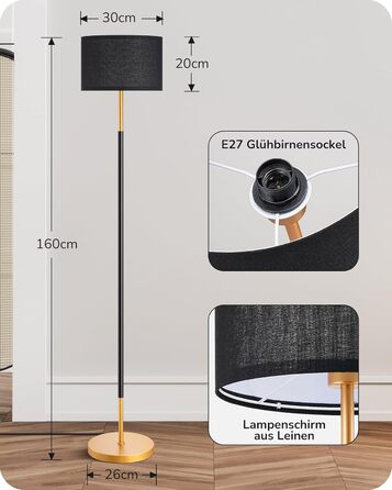 Стійка лампа EDISHINE для вітальні, 160 см, арка, з вимикачем на ніжці, включає LED-лампу E27 (6W, 2700K), абажур з чорного льону, сучасна лампа для спальні