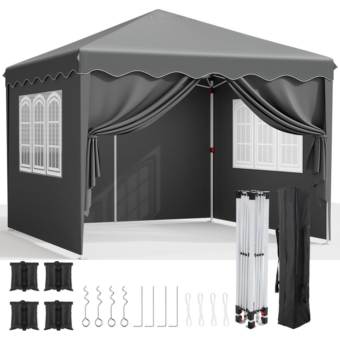 3x3 Gazebo, Waterproof Folding Gazebo Stable and Winter-Resistant, UV Protection 50+, 3x3 Folding Gazebo with 4 Side Walls, Height-Adjustable Garden Gazebo, Foldable Gazebo Tent for Camping, Parties (Gray)