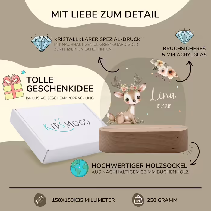 Night light for children with desired name, personalized night lamp dimmable - With a cute animal motif as personalized gifts for children for baptism, birth, Easter & baby gifts (Fawn)