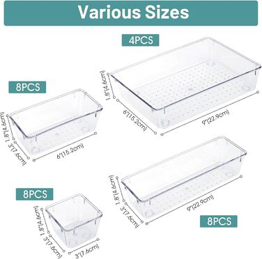 WOWBOX 4-Piece Plastic Drawer Organizer Set, 4 Sizes, Desk Drawer Dividers, Organizers and Storage Containers for Makeup, Jewelry, Bathroom, Office (Clear, 28)
