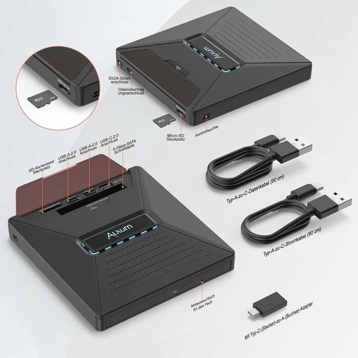 Зовнішній DVD/CD привід Alxum USB-C 3.0 для ноутбука з картридером SD/TF та додатковим USB-портом, Plug & Play для Windows, Linux, Mac OS