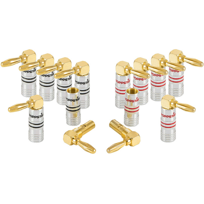 Комплект кутових бананових роз'ємів Poppstar High End (12 шт), 24K золоте напилення, для кабелів до 6 мм², червоні та чорні