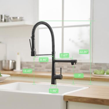LED кухонний змішувач з спіральною пружиною, 360° обертання, 2 виходи, висувний, для кухні, з душем, високий тиск, матовий нікель, чорний (56.8 см)