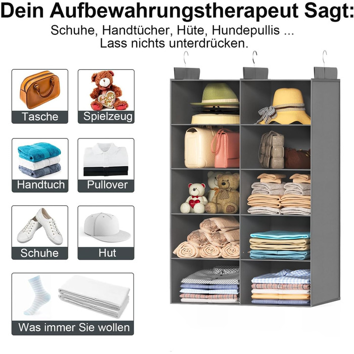 Настінна вішалка-органайзер для одягу, 6 ярусів, сіра. З металевими гачками, для зберігання в шафі, спальні, гуртожитку. Економія місця.