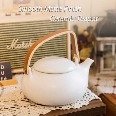 ZENS Modern Japanese Teapot, 800ml Matte White Ceramic Teapot with Infuser, Wooden Handle Small Japanese Teapot for Loose Leaf Tea, White Tea, Green Tea Steeper, Gift for Tea Lovers